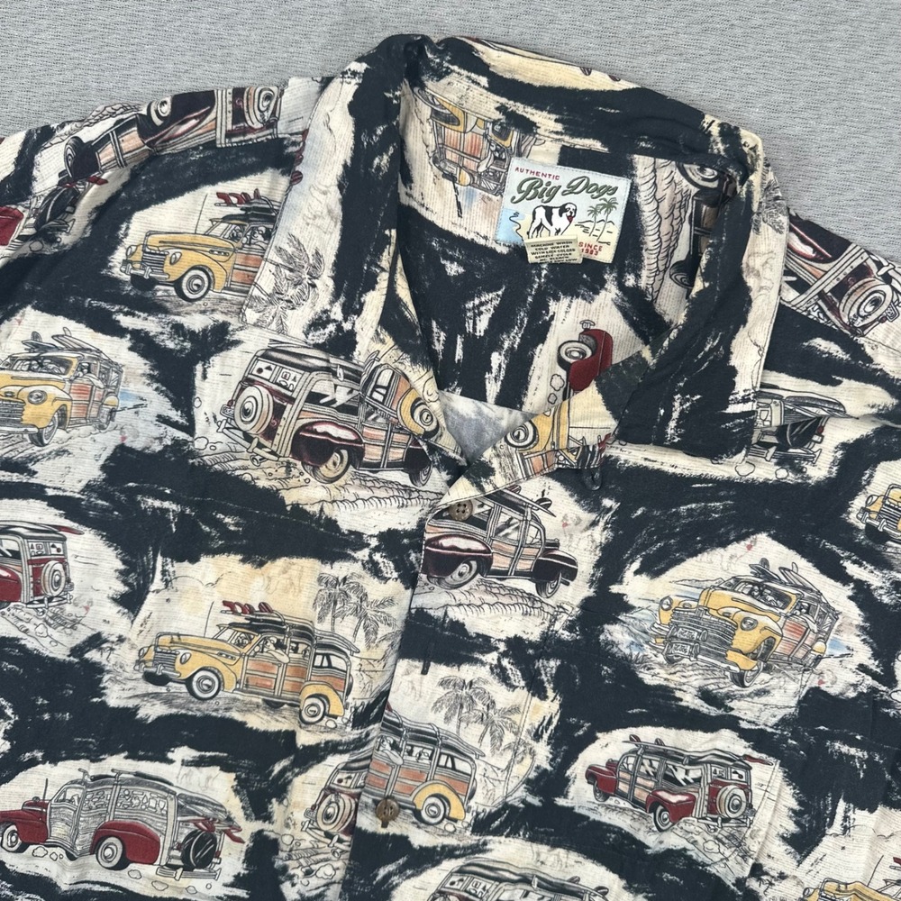 Big Dogs Rayon Hawaiian Shirt Mens XL Black Woody Car Surfboard Print
